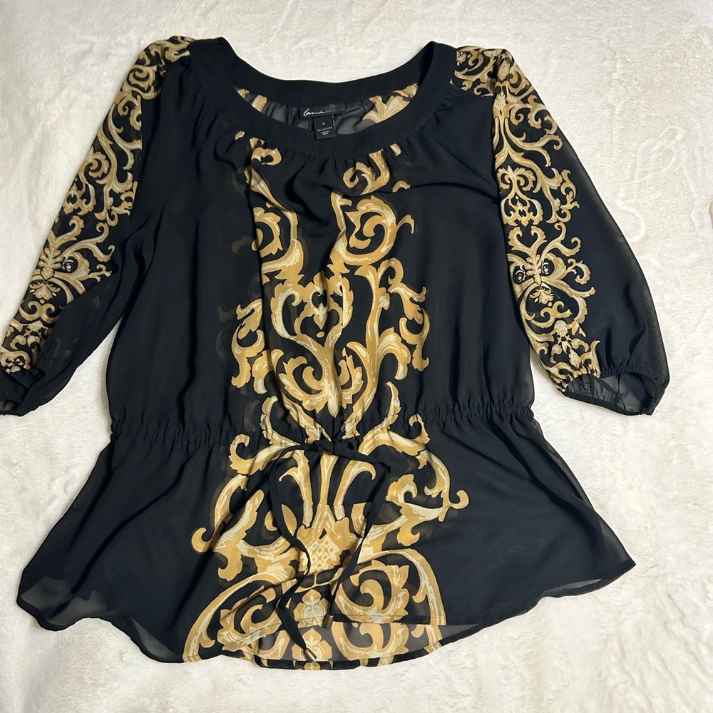 Lane Bryant Black Blouse with Gold Scroll Print